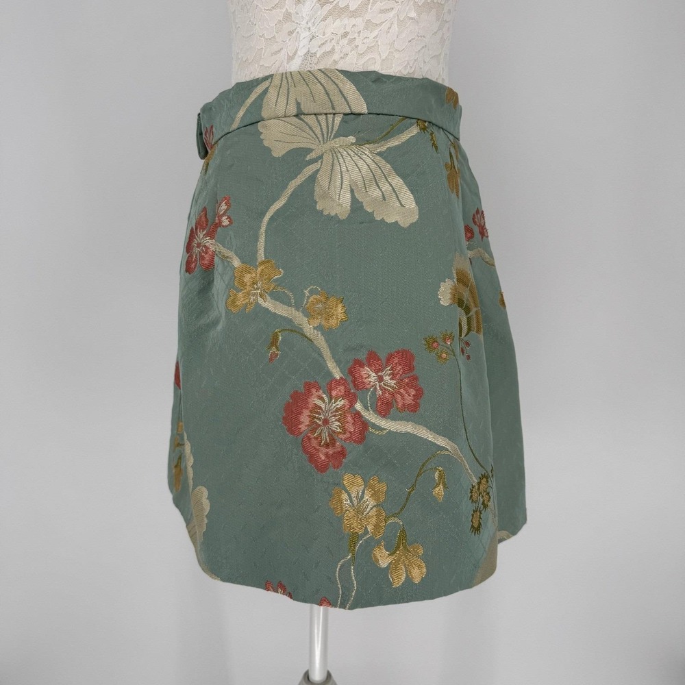 Vintage Floral Jacquard Mini Skirt M Sage Pleated Butterfly Romantic Cottagecore - Picture 8 of 11
